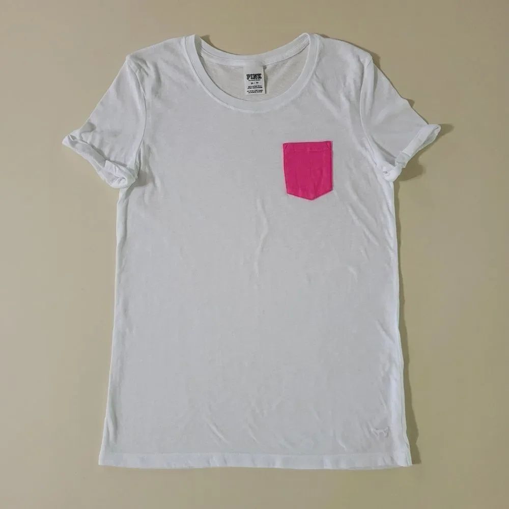 PINK Victoria's Secret White Crewneck Short Sleeve Tee Pink Chest Pocket